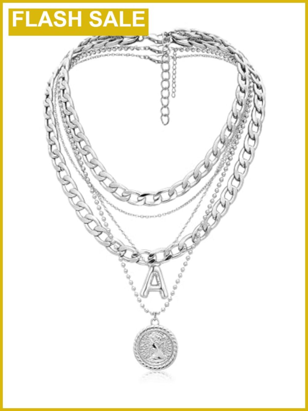 Layered Pendant Necklace Set, 3pc Alloy Coin Chain Silver Tone, Lobster Clasp,